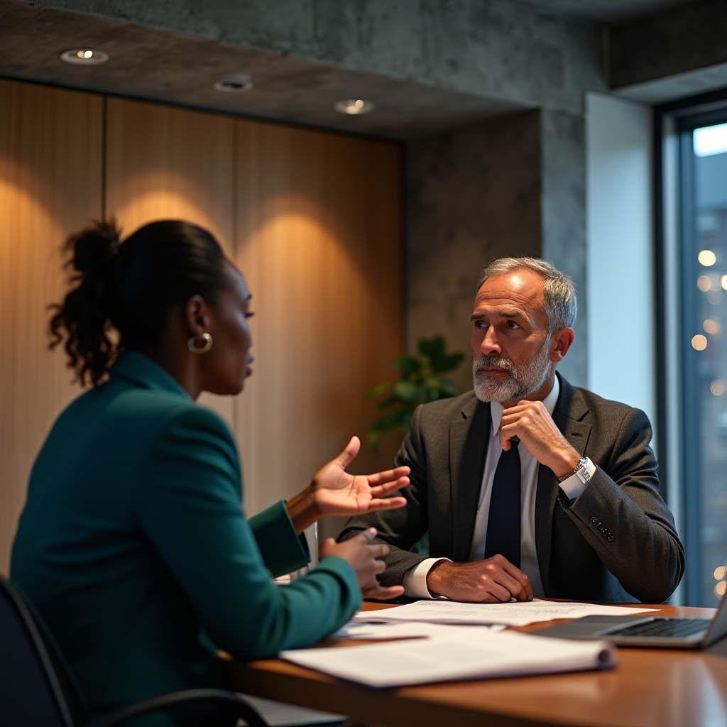 One-on-one coaching conversation between professional coach and client at modern conference table