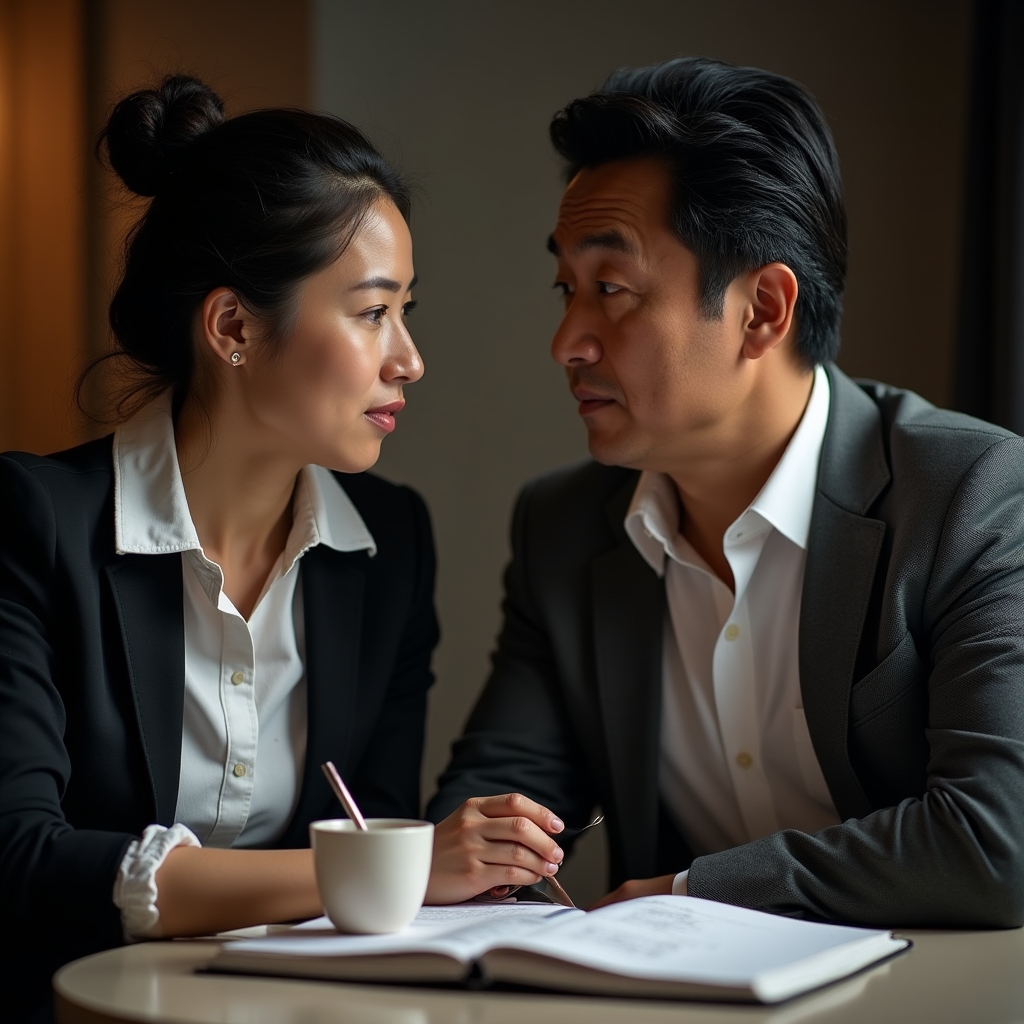 Close-up of coaching session, coach and professional client leaning toward each other in focused dialogue, papers and notebook on table, shallow depth of field