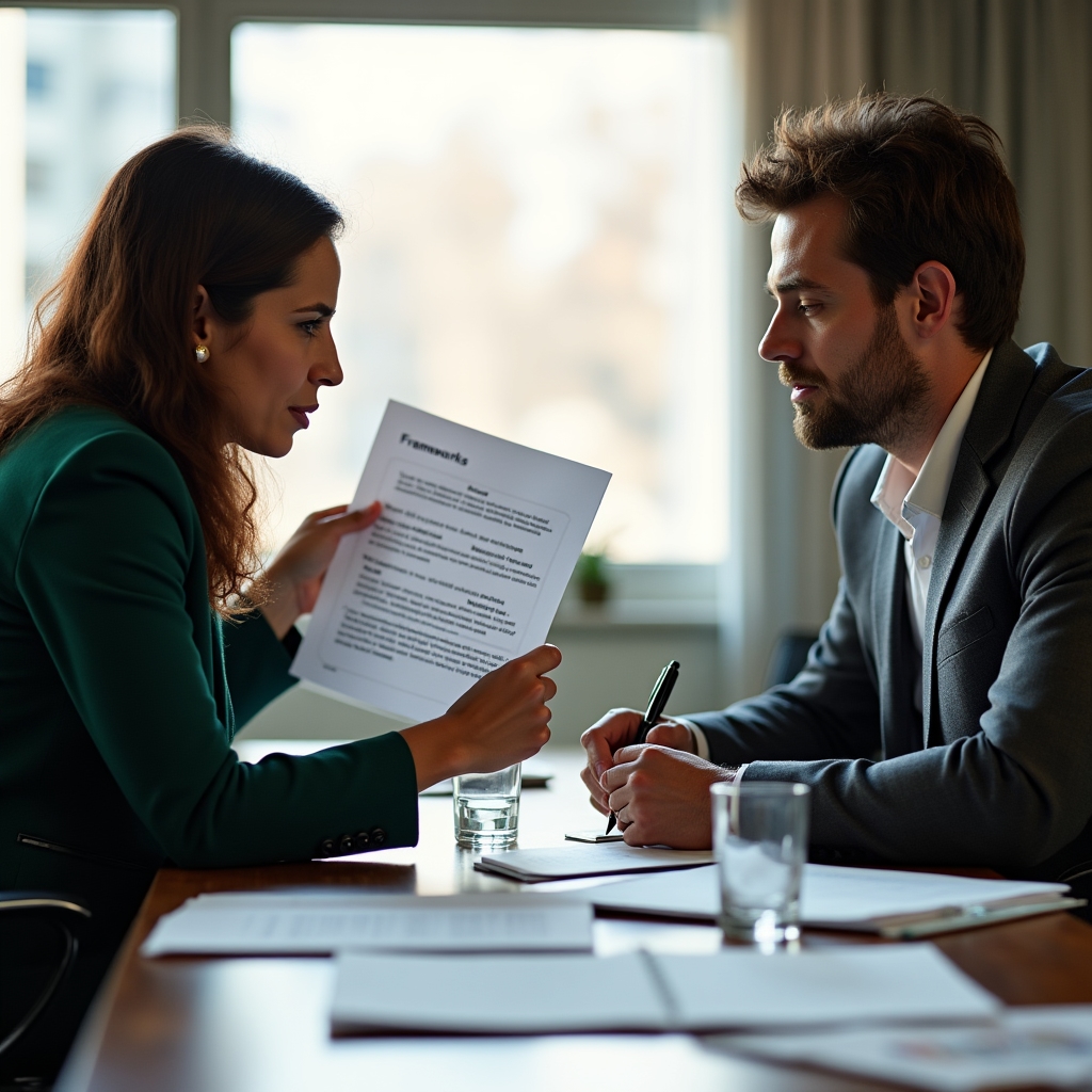 Professional coach and client reviewing detailed notes and frameworks on desk, concentrated expressions, warm office lighting