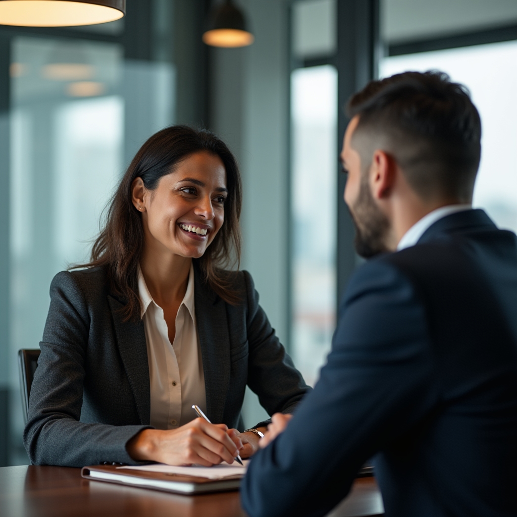 Professional leadership coaching session with two people in a modern conference room