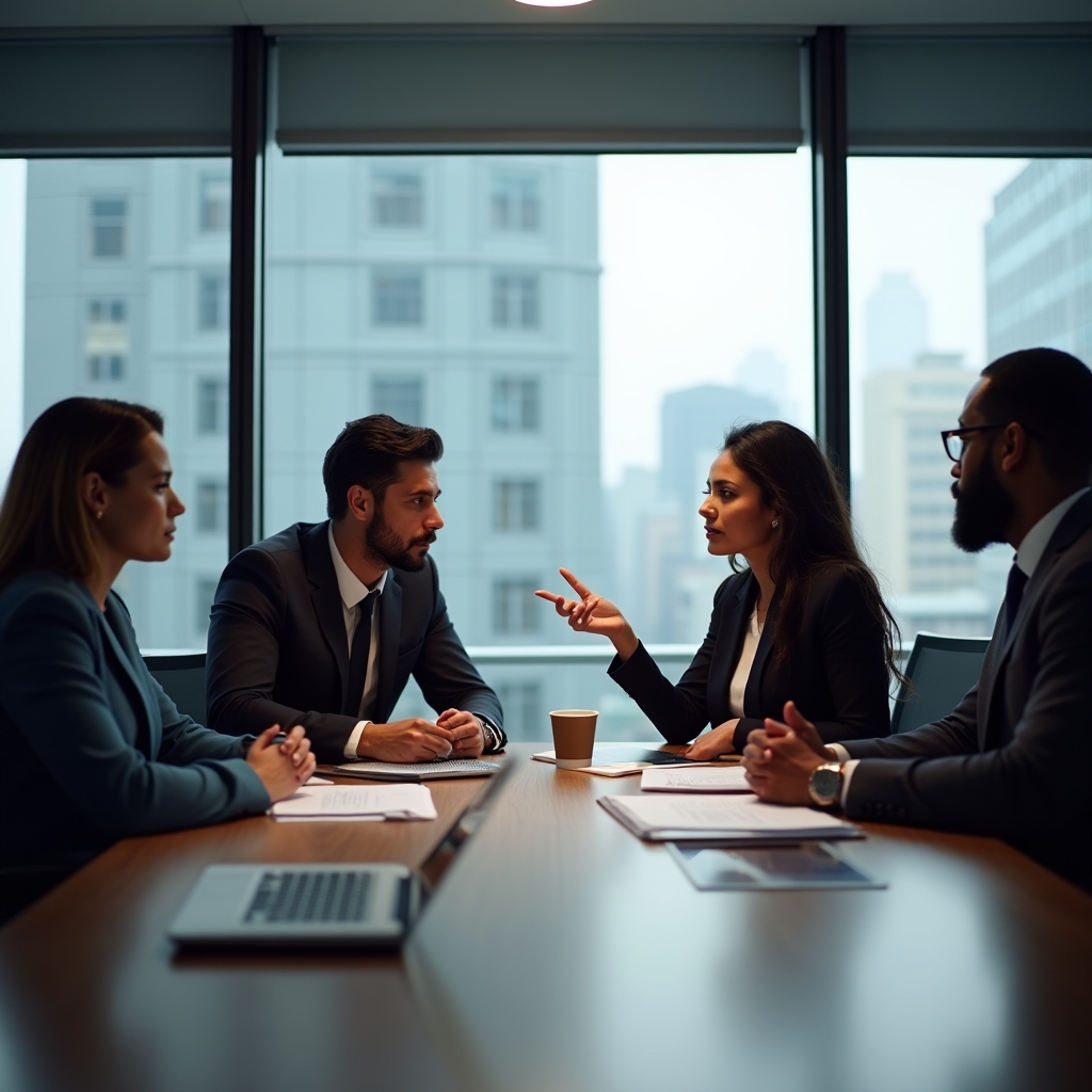Cross-functional team meeting around large table, engaged discussion, professional attire, diverse group of four people